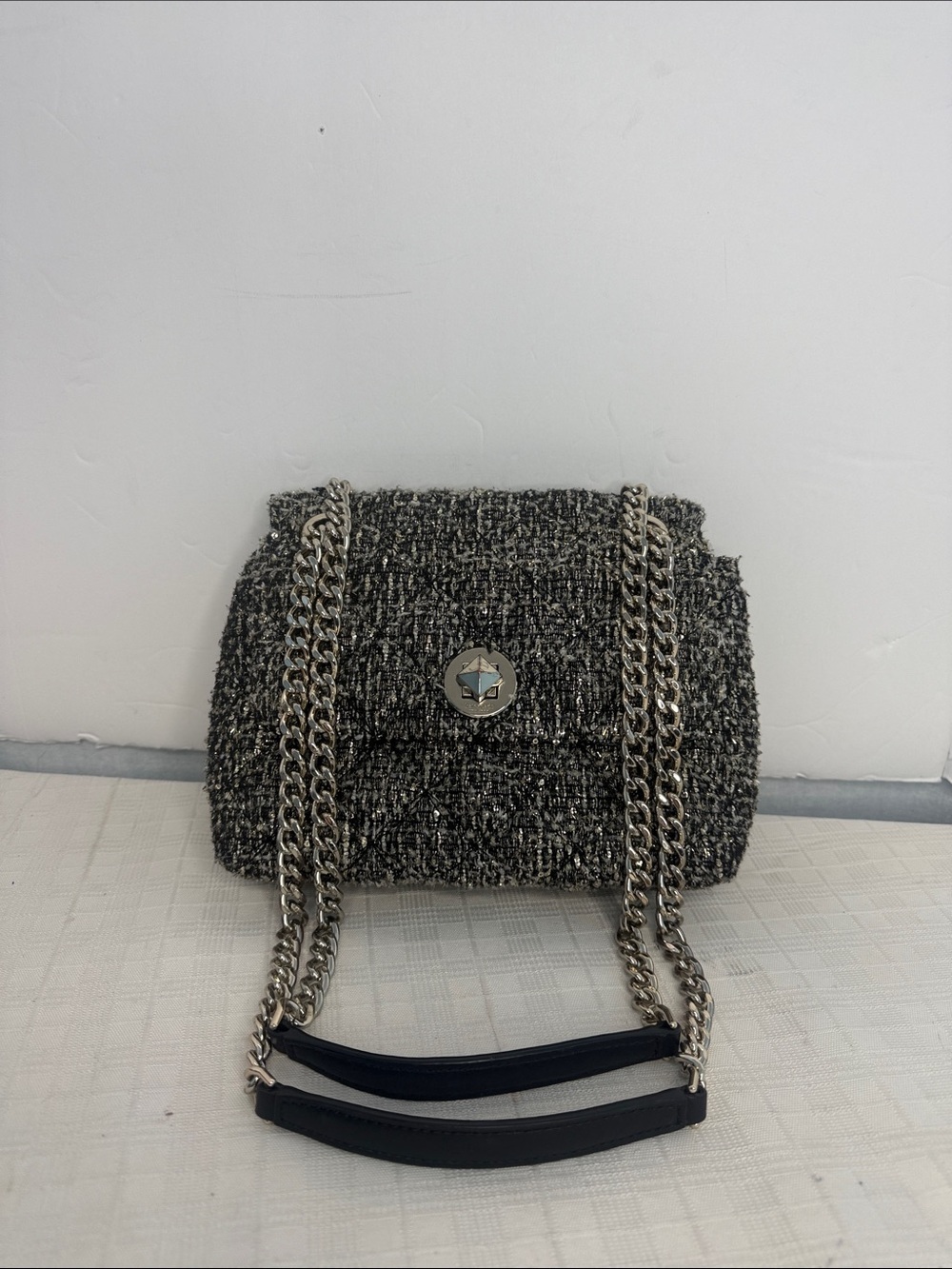 KATE SPADE Natalia Gray Tweed Silver Flap Shoulder Bag Purse Chain Turn Lock